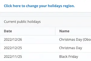 How are public holidays calculated in the report? Where can I see the list of holidays?