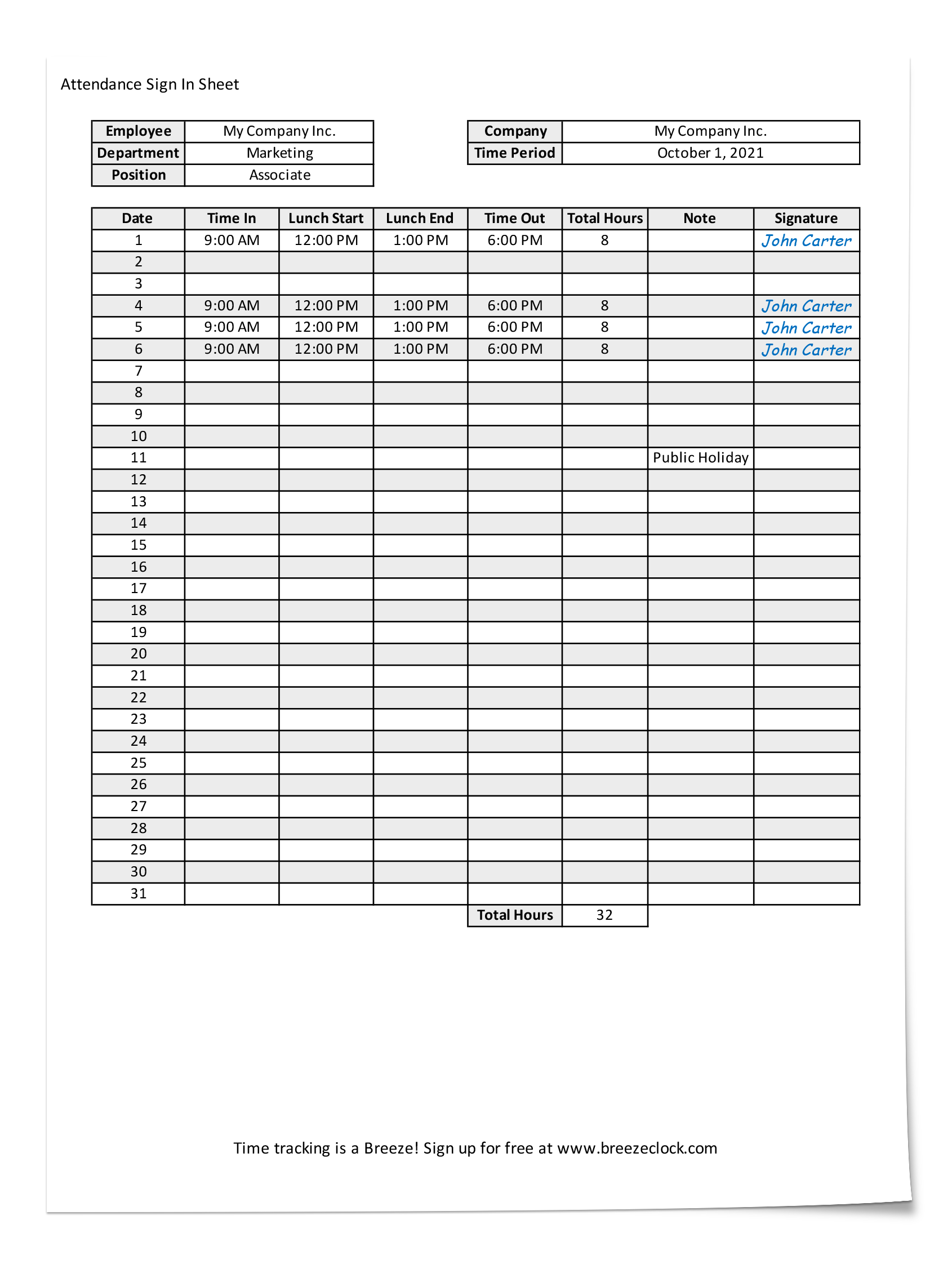 Free Attendance Sheet Template Breeze Clock 2988