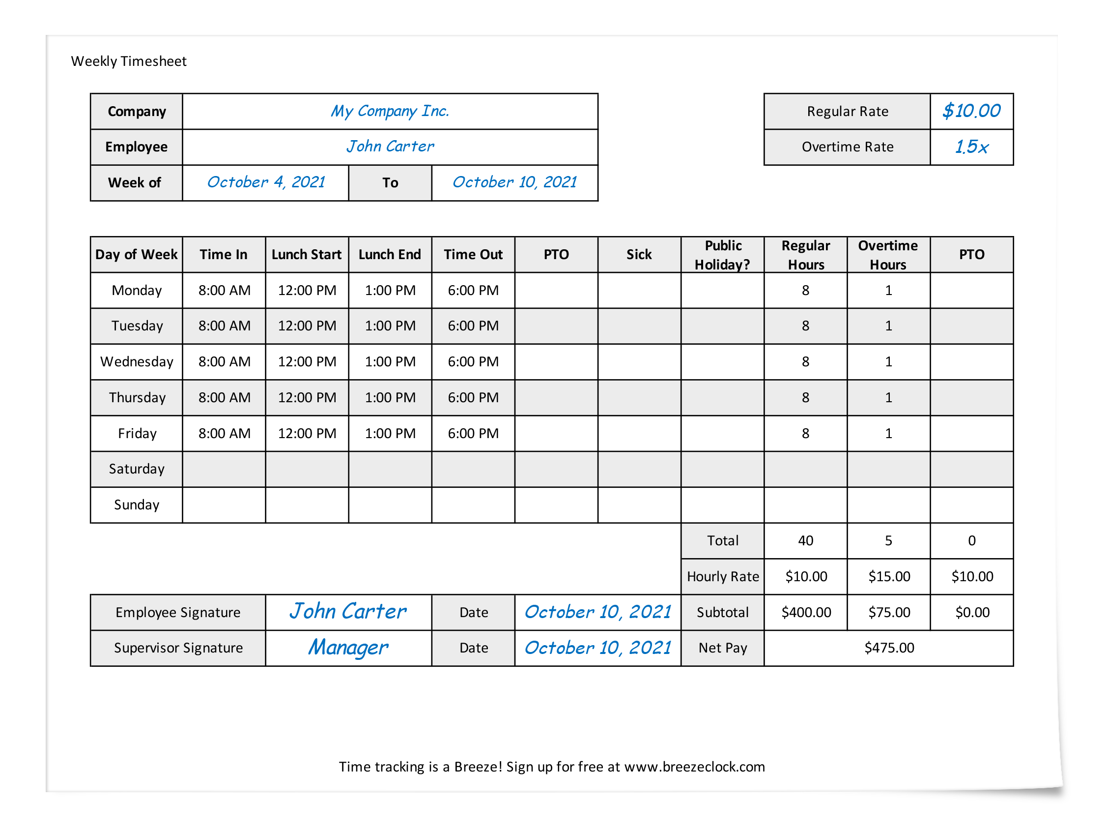 Free Employee Timesheet Template Breeze Clock